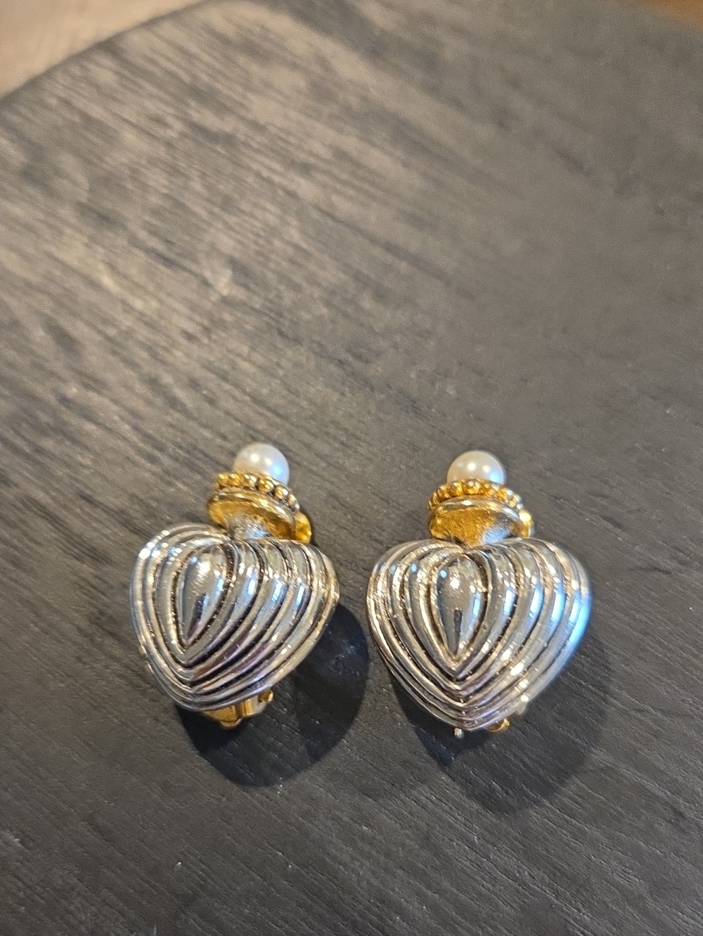 Brighton Two-Tone Heart Clip Earrings with Pearl Tops